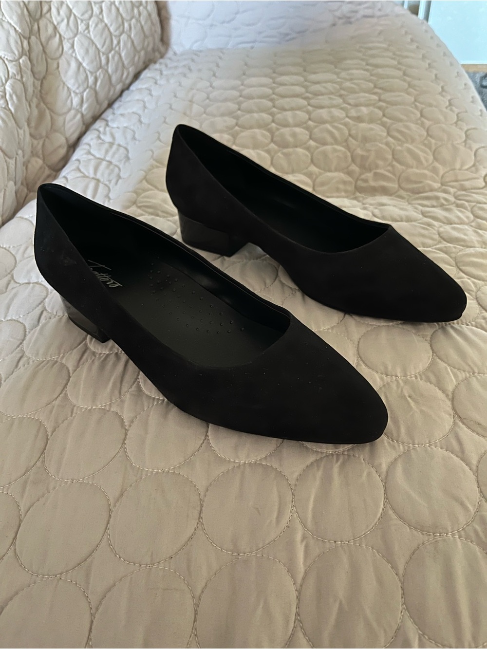 Trotters Black Suede Low Block Heel Pumps